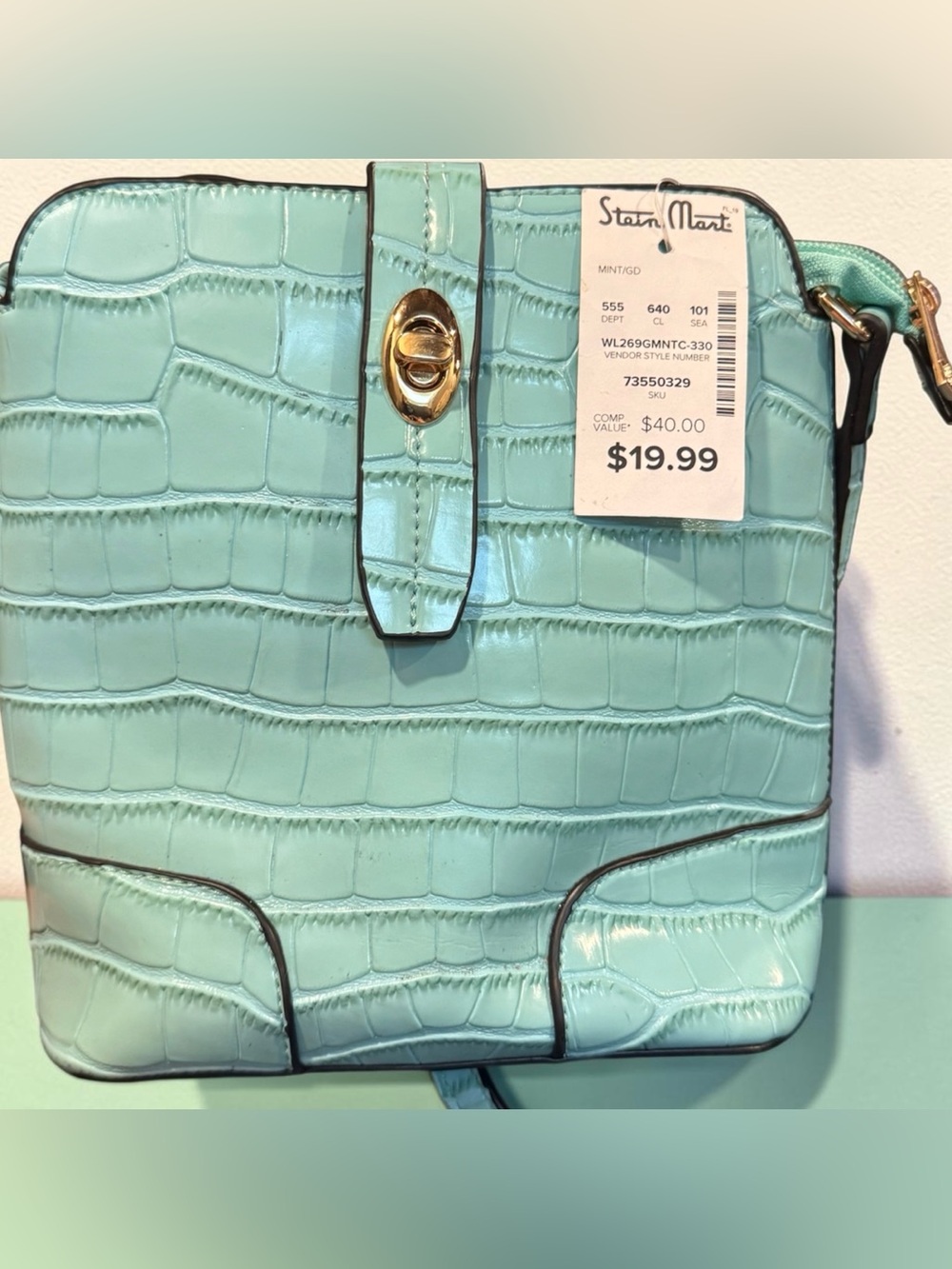 Mint Croc-Embossed Tote with Turn-Lock Closure